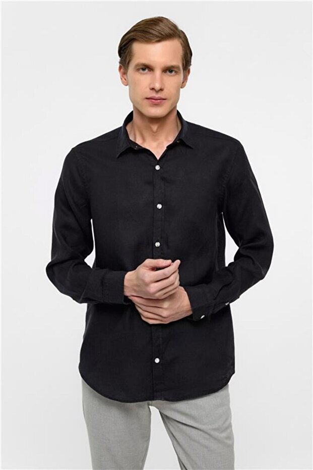 Siyah Regular Düz Klasik Yaka Gömlek - 2