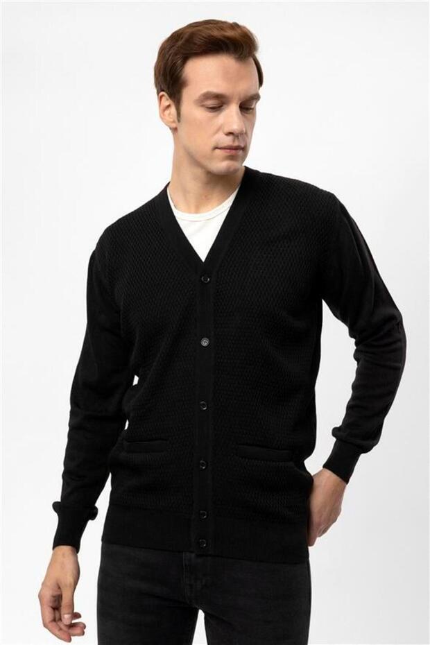 Siyah Regular Armürlü Düğmeli Yaka Hırka - 5