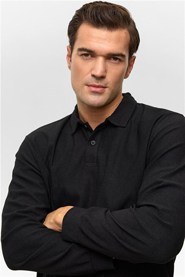Siyah Regular Düz Polo Yaka Sweatshirt - 3