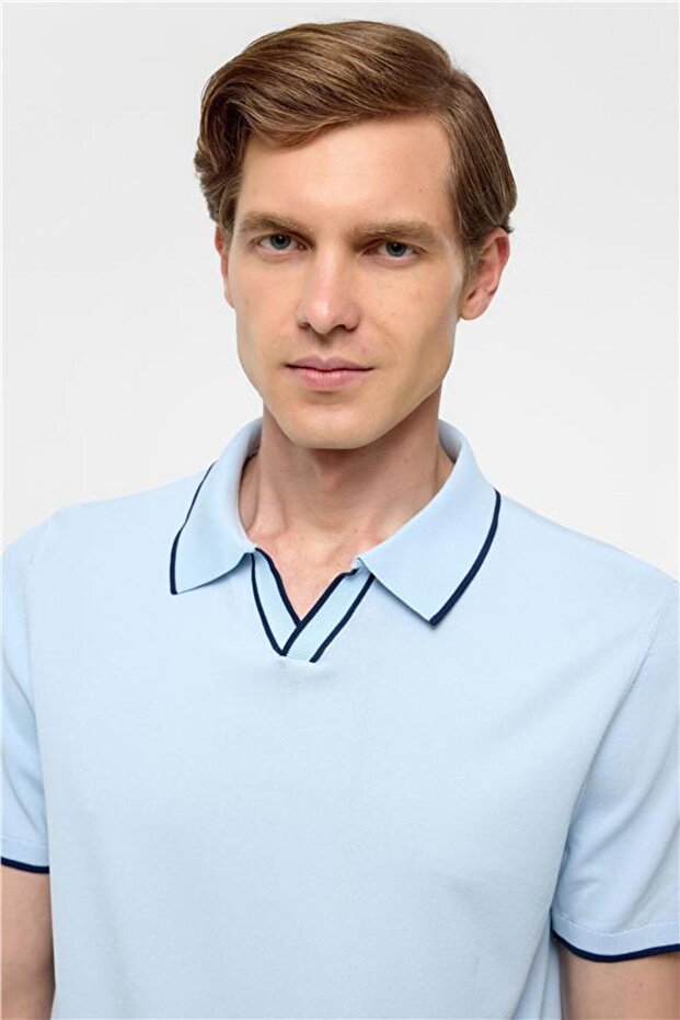 Buz Mavi Regular Düz Polo Yaka Triko - 3