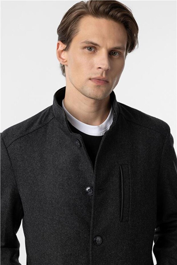 Antrasit Regular Düz Hakim Yaka Kaban - 4