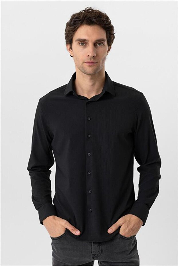 Köşeli Manşet Slim Düz Gömlek - 1