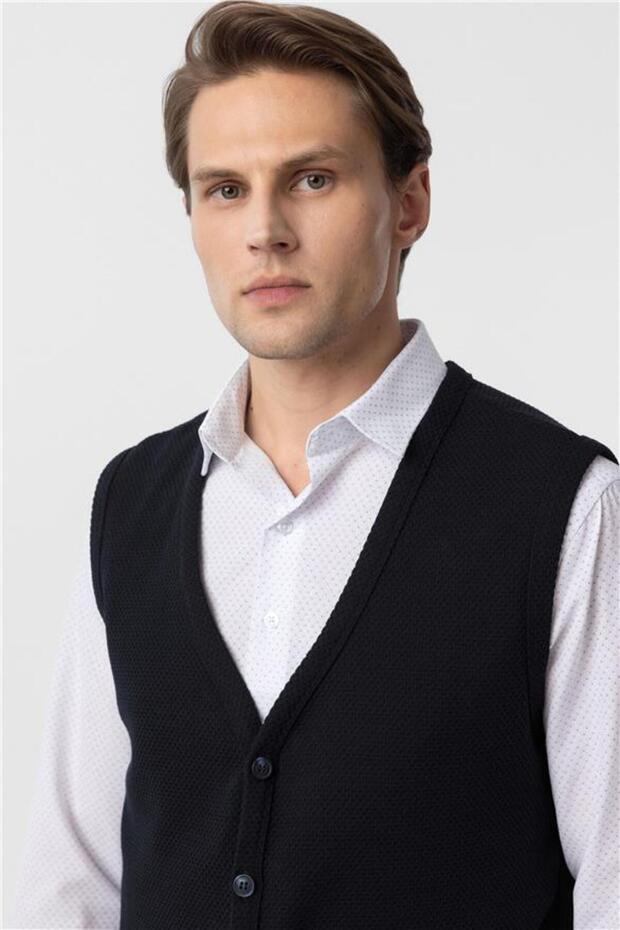 Lacivert Regular Kapitone V Yaka Yelek - 4