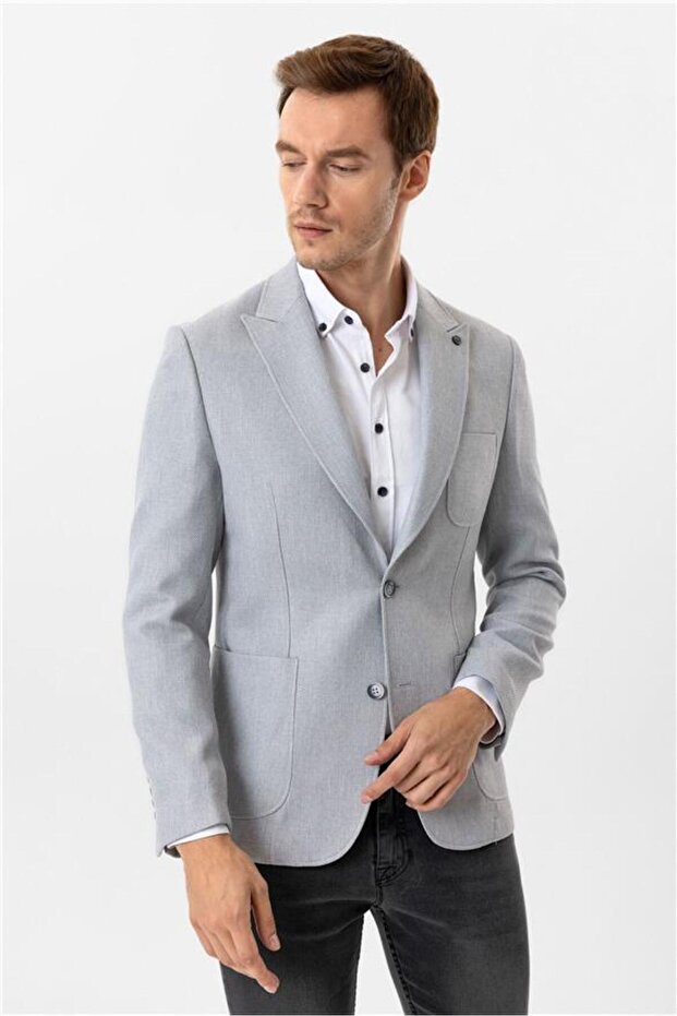 سترة مفردة منقوشة باللون الرمادي 6 قطع بقصة ضيقة - 2