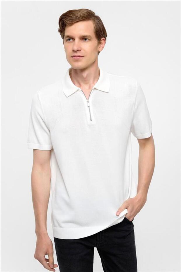 Beyaz Regular Düz Polo Yaka Triko - 1