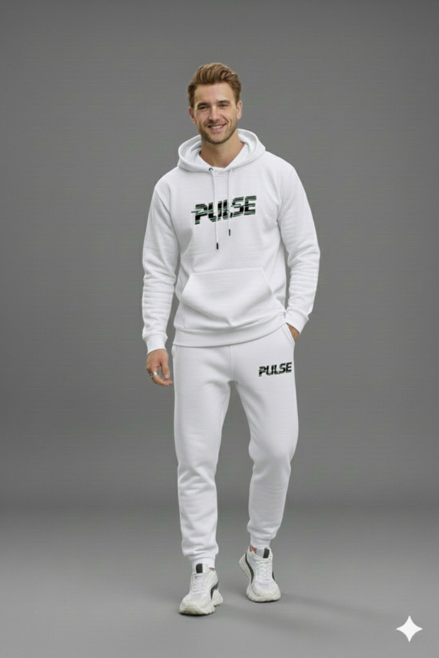 طقم بدلة رياضية بغطاء رأس Pulse مطبوع للرجال باللون الأبيض