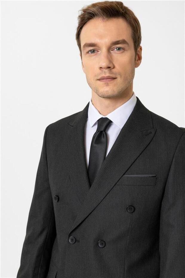 Siyah Slim Düz Kruvaze Yaka 6 Drop Takım Elbise - 4