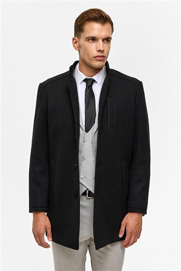 Siyah Regular Düz Hakim Yaka Kaban - 6