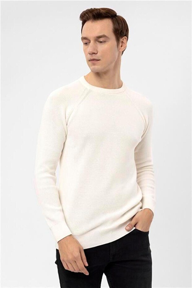 Ekru Regular Armürlü Bisiklet Yaka Triko - 2