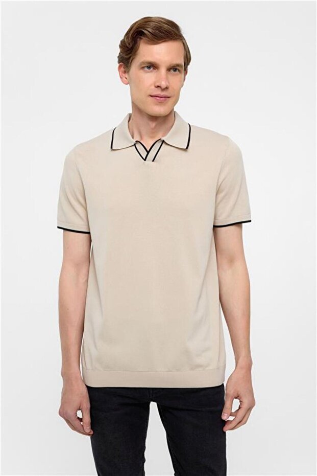Bej Regular Düz Polo Yaka Triko - 1
