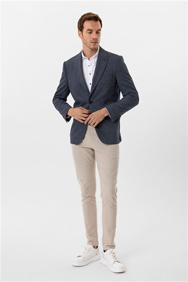 Lacivert Regular Desenli Sivri Yaka 4 Drop Ceket - 4