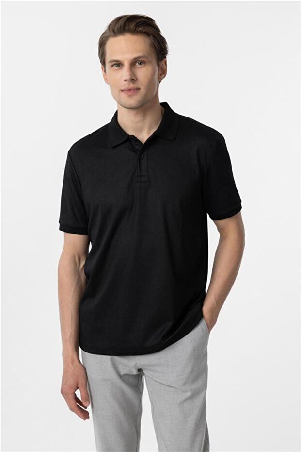 Siyah Regular Baskılı Polo Yaka Tişört - 2