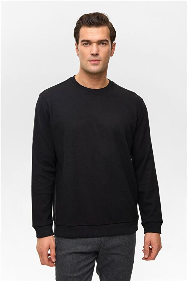 Siyah Regular Düz Bisiklet Yaka Sweatshirt - 1