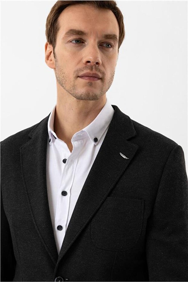 Siyah Slim Mono Yaka 6 Drop Ceket - 2