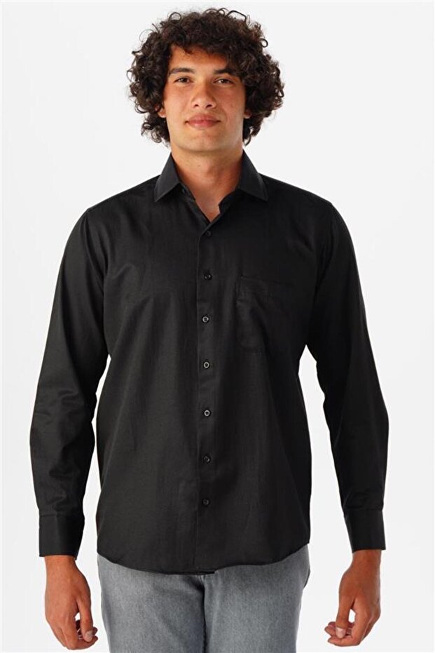 Siyah Regular Armürlü Klasik Yaka Gömlek - 5