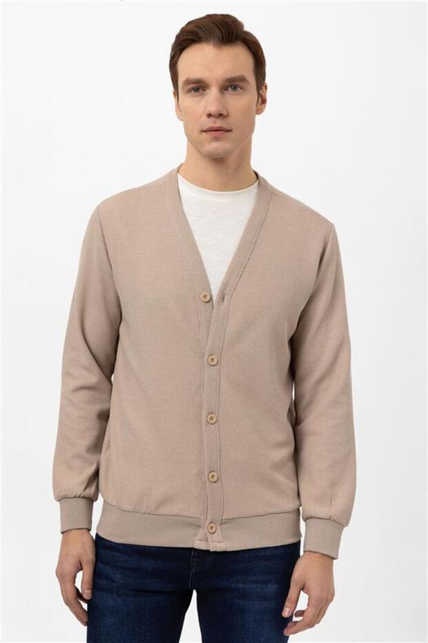 Bej Regular Kapitone Düğmeli Yaka Hırka - 6