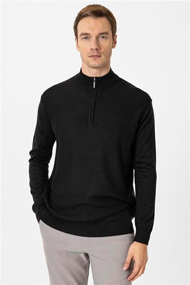 Siyah Regular Desenli Hırka - 1