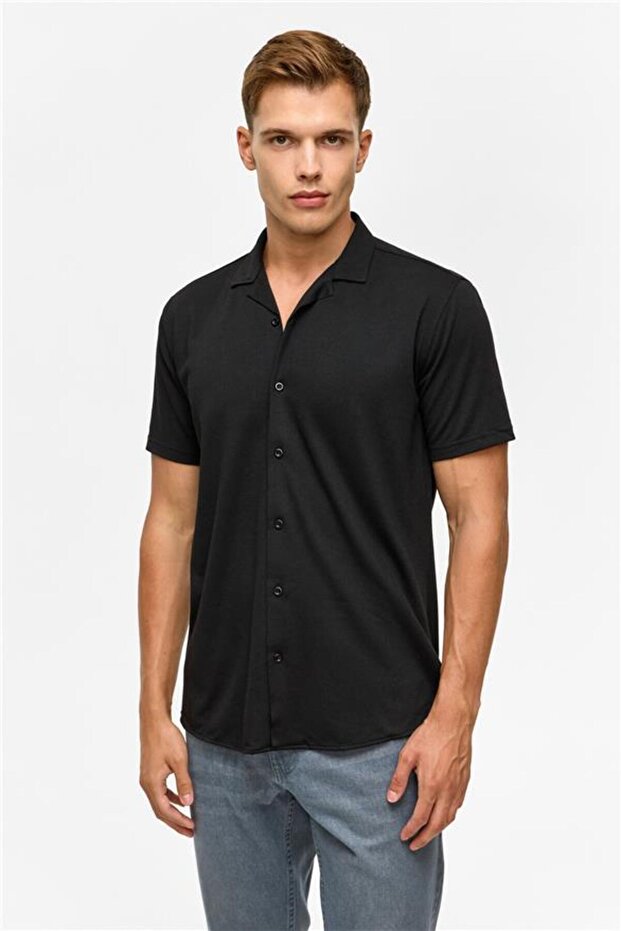 Siyah Slim Fitilli Apaş Yaka Gömlek - 1