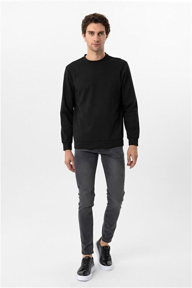 Siyah Regular Düz Bisiklet Yaka Triko - 3