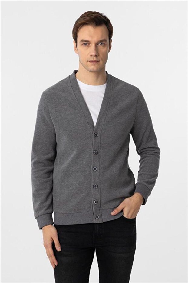 Gri Regular Armürlü V Yaka Hırka - 2