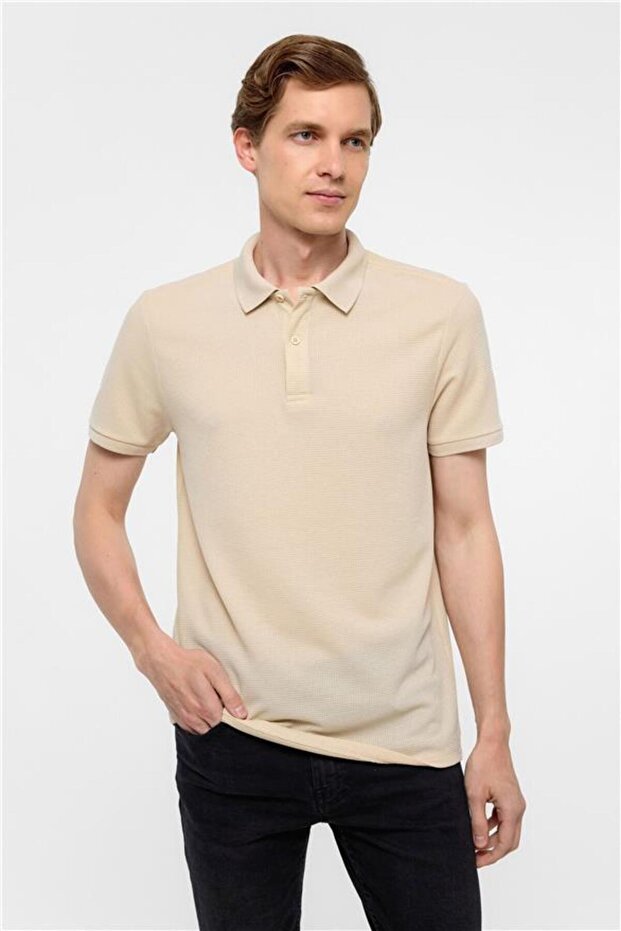 Bej Regular Armürlü Polo Yaka Tişört - 1