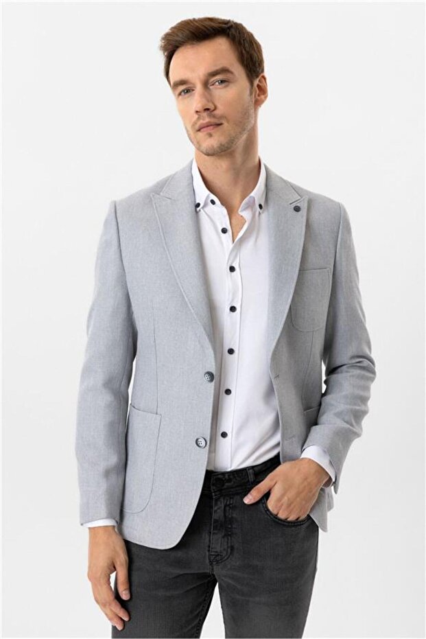 سترة مفردة منقوشة باللون الرمادي 6 قطع بقصة ضيقة - 4