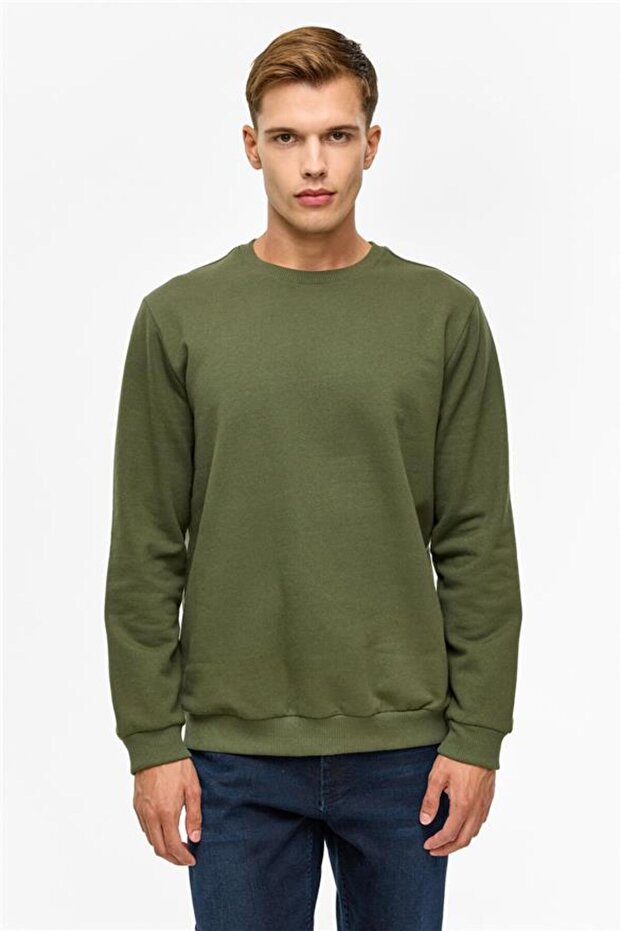 Haki Regular Düz Bisiklet Yaka Sweatshirt - 1