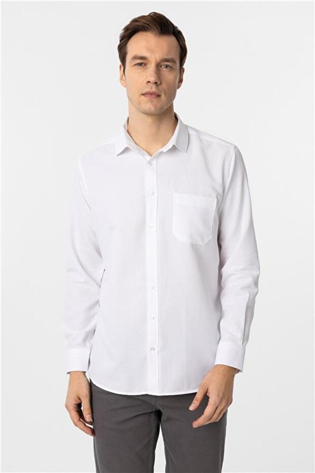 Köşeli Manşet Regular Armürlü Gömlek - 1