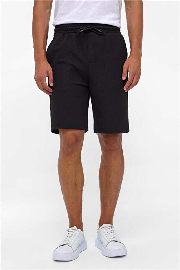 Siyah Regular Armürlü Örme Şort - 2