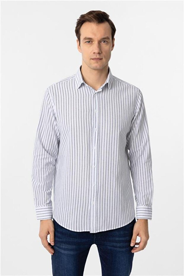 Lacivert Regular Düz Düğmeli Yaka Gömlek - 1