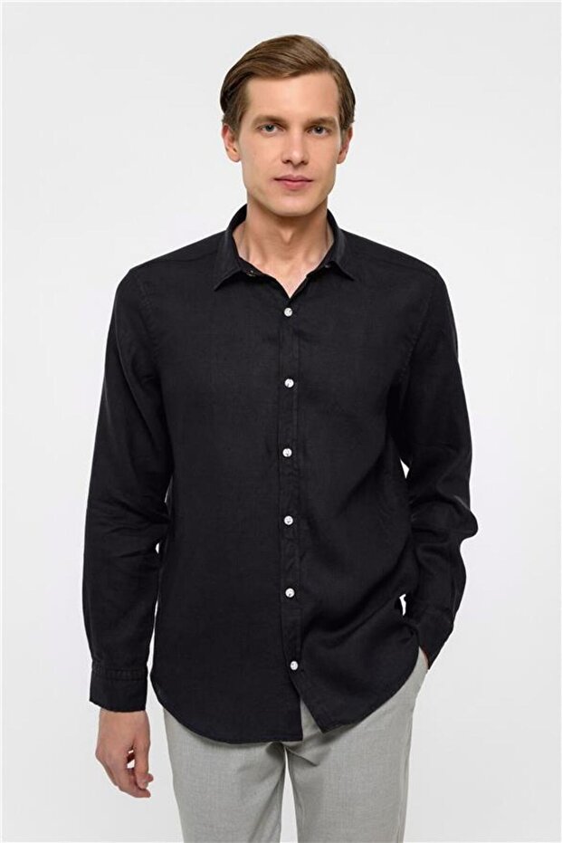 Siyah Regular Düz Klasik Yaka Gömlek - 1