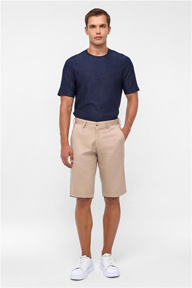 Bej Regular Düz Bermuda Şort - 1