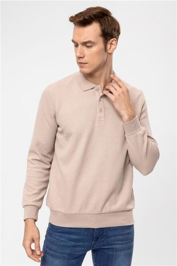 Bej Regular Armürlü Polo Yaka Sweatshirt - 5