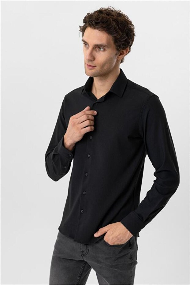 Köşeli Manşet Slim Düz Gömlek - 2