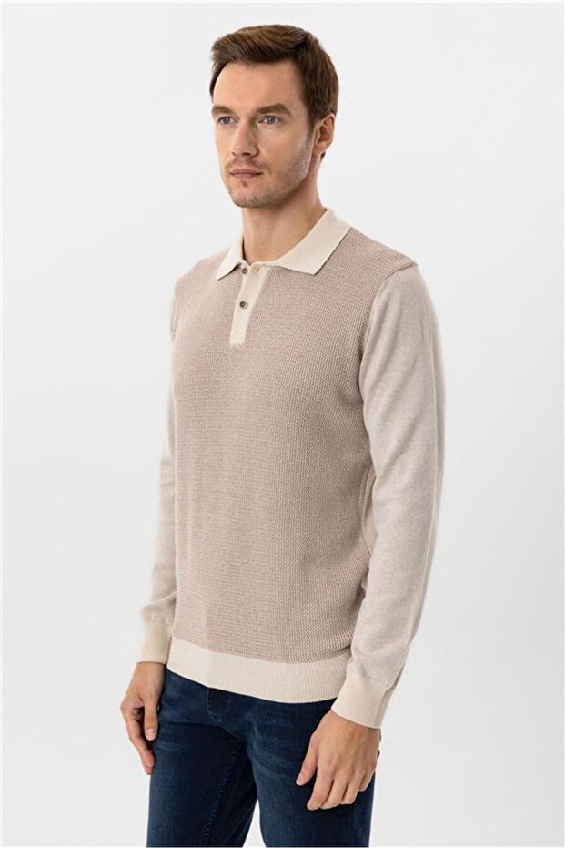 Bej Regular Armürlü Polo Yaka Triko - 4