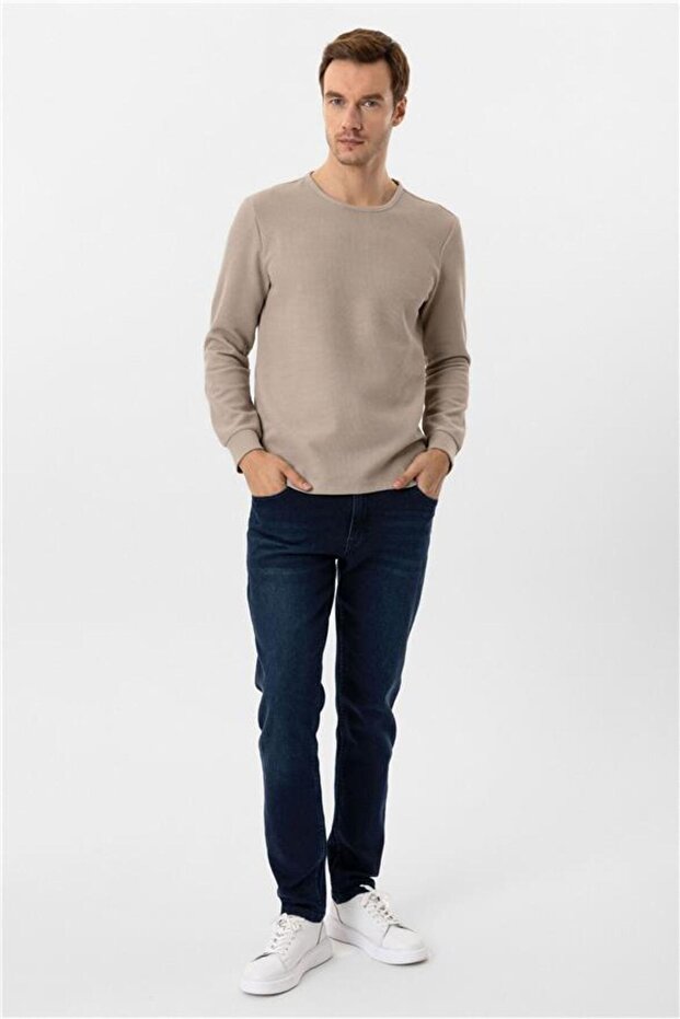 Bej Slim Armürlü Bisiklet Yaka Triko - 3