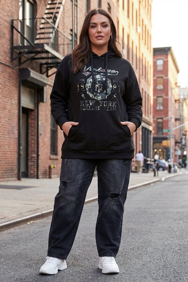 Plus Size Long Sleeve Hooded Cotton Sweatshirt with Text Print on the Front 302835