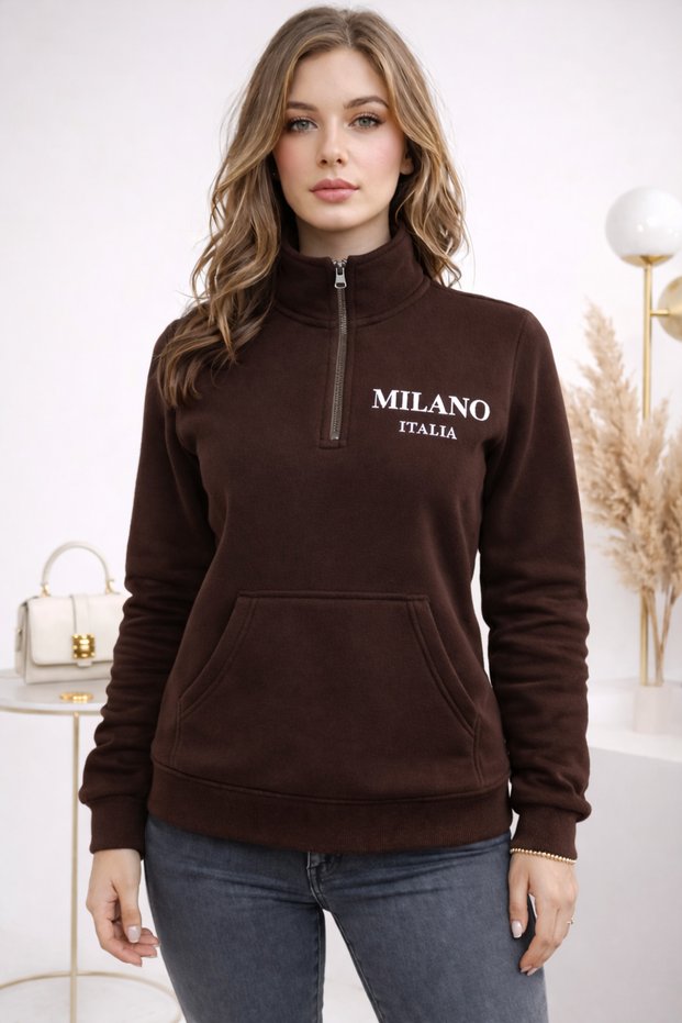 Women's Mock Neck Half Zipper Fleece-Lined İtali Two Thread Sweatshirt