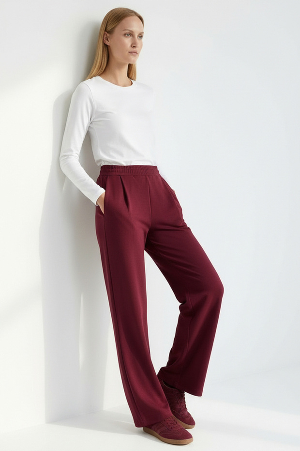 Beli Lastikli Örme Regular Vişne Pantolon - 2