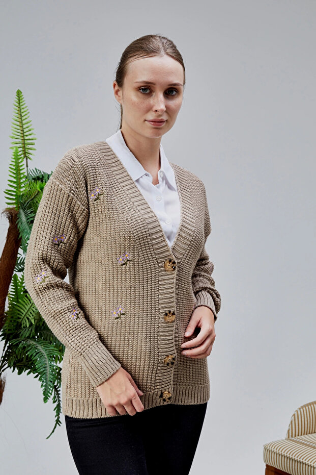 Women's Knitwear Cardigan Flower Embroidered Standard Size Mink