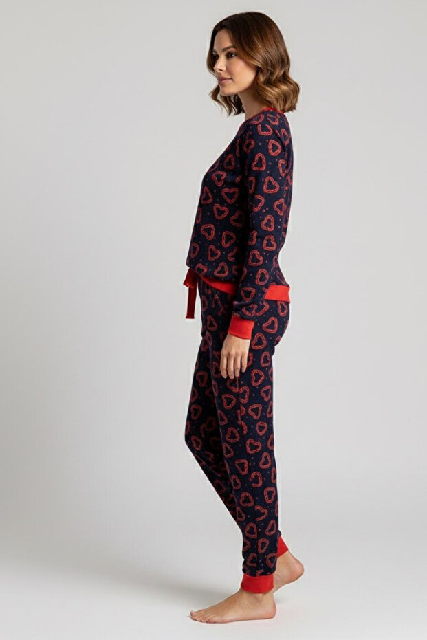 Heart Patterned Sleeve/Bottom/Cuff Pajama Set - 3