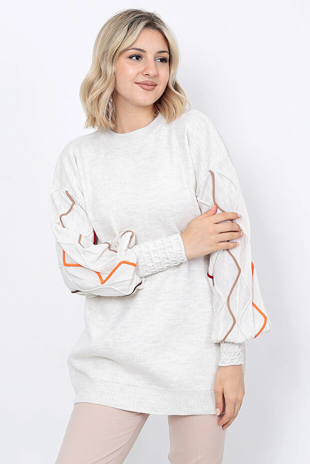 Women's Knitwear Sweater with Striped Sleeves in Stone Color