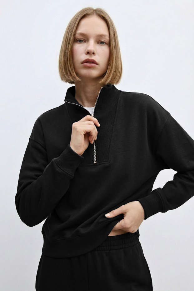 Black Zippered Mock Neck Soft Textured Sweatshirt