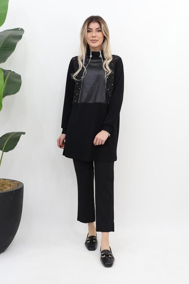 Taftalı Fermuarlı Tunik - Siyah - 2