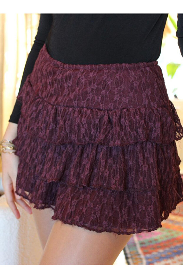 Kadın Kat kat Dantelli Kısa Etek - 1