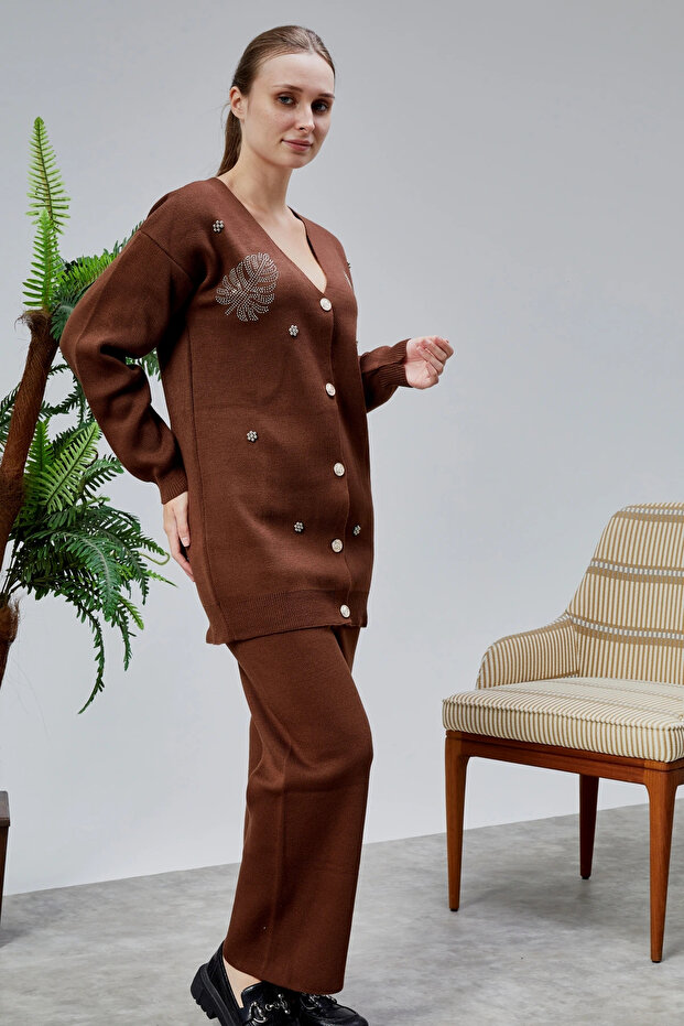 Women's Knitwear Set with Stones Standard Size Brown