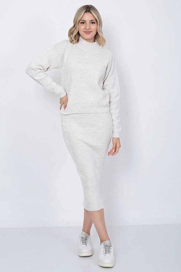 Women's Knitwear Zigzag Striped Sweater and Skirt Set Oversized Stone