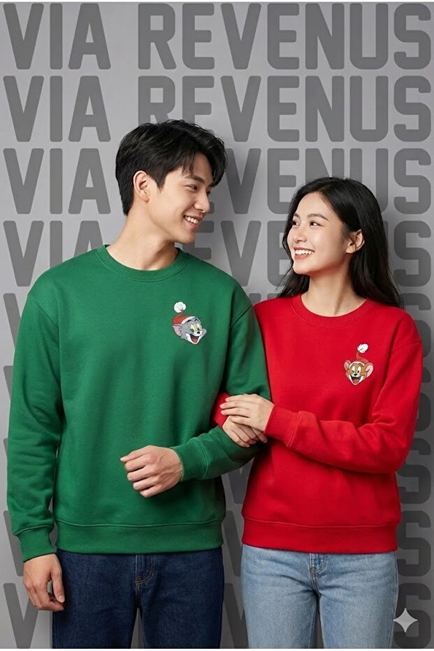 New Year Christmas Printed Crew Neck 3 Thread Ş Fleece-Lined Wide Fit Dear Combination Sweatshirt
