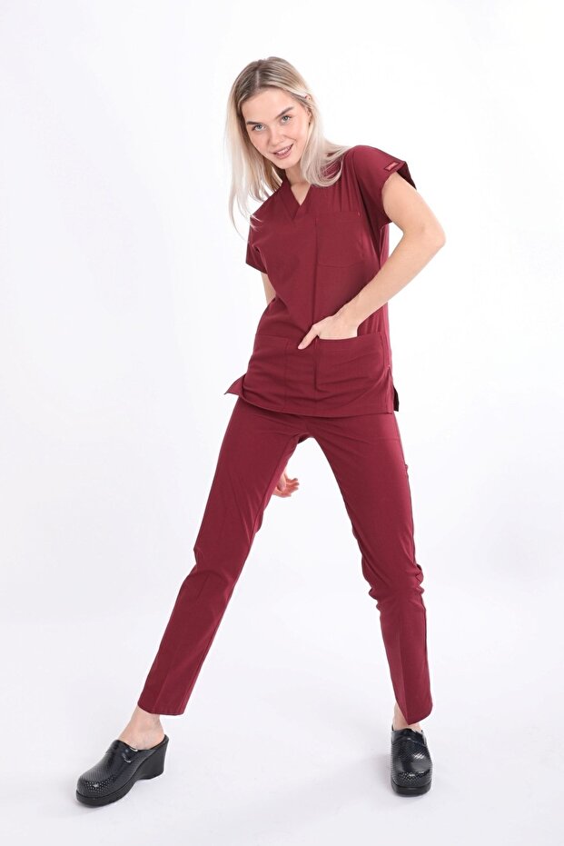 Claret Red U-Flex Lycra Nurse Doctor Jersey Surgical Suit