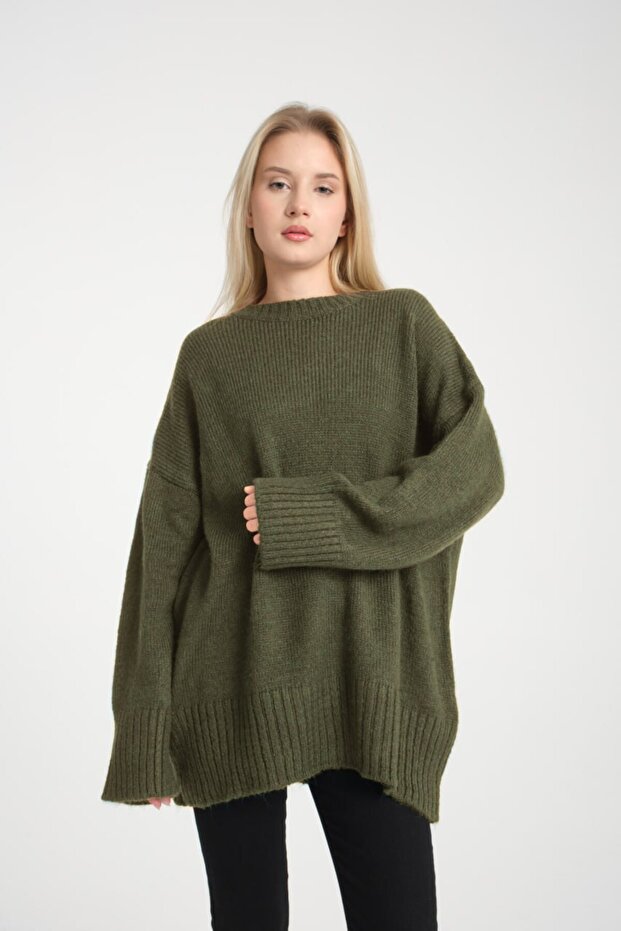 Oversize Basic Haki Uzun Kadın Kazak - 2